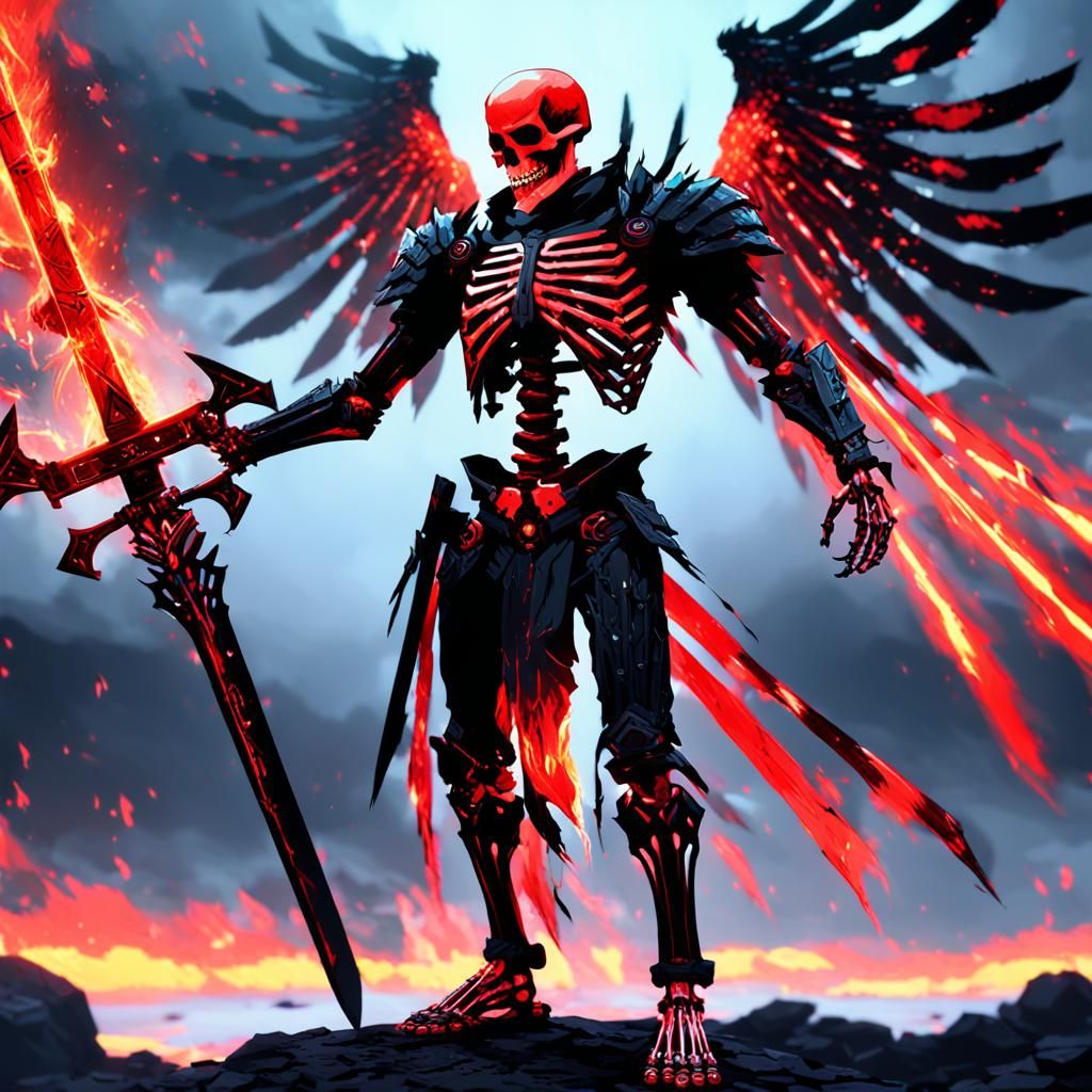 Epic Anime Skeleton Warrior with Flaming Wings
