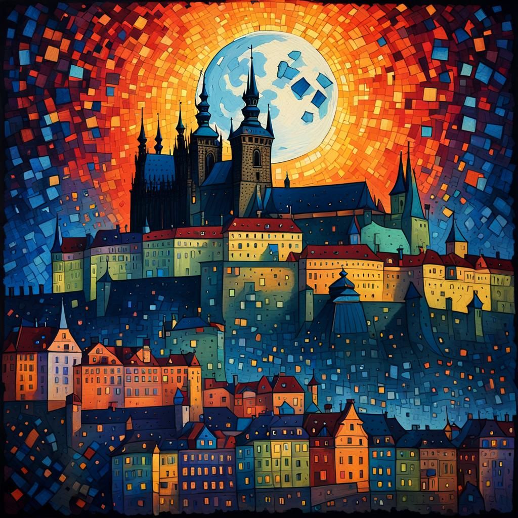 Prague Castle in Pointillist Abstract Style
