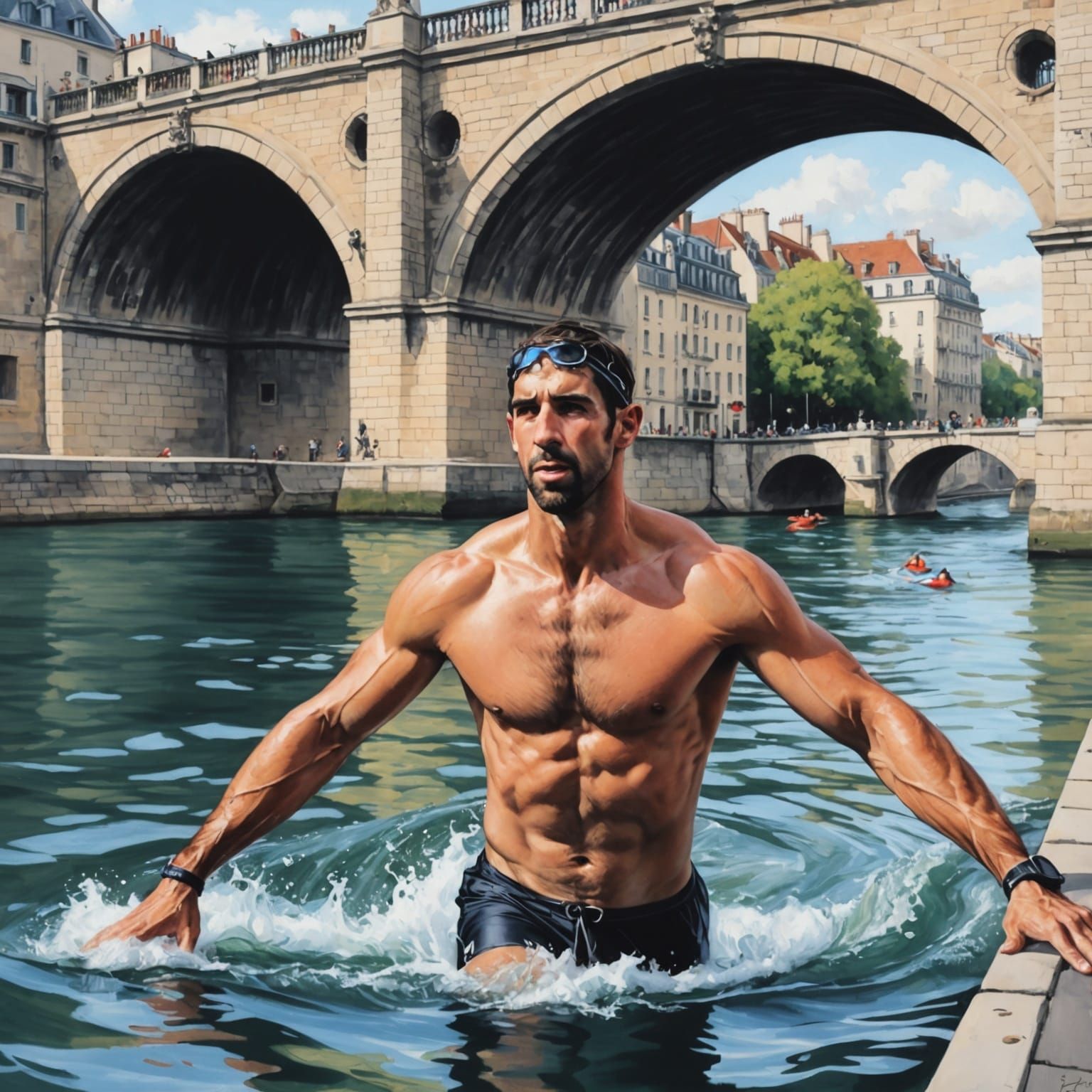 Michael Phelps Swims Under Pont Neuf, Trompe-l'oeil