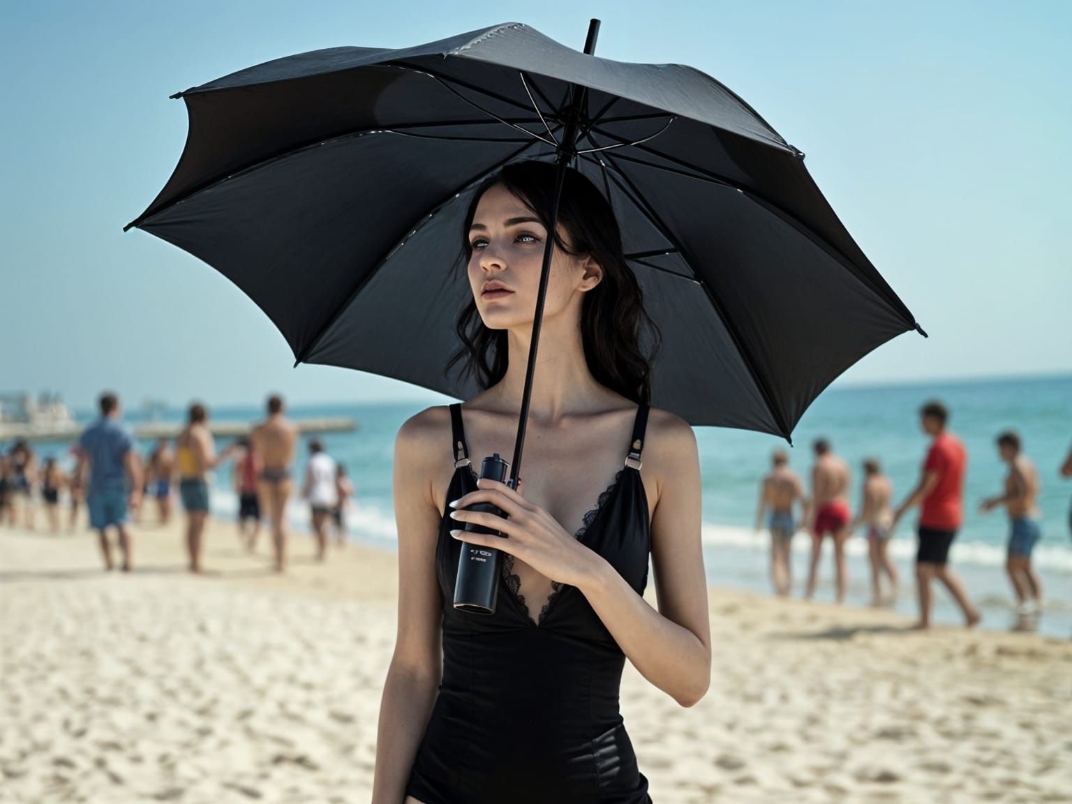 Gothic Woman at Beach with SPF1000+ Lotion