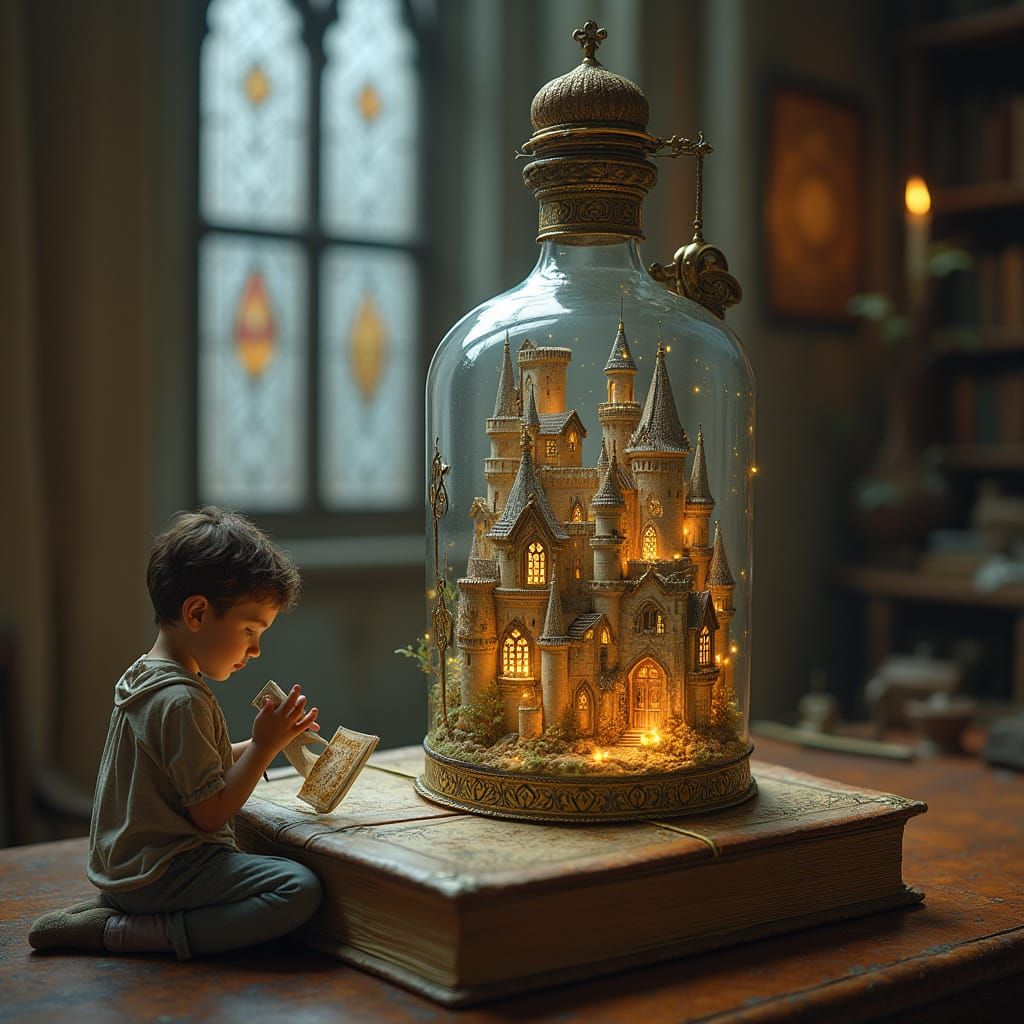Ethereal Castle in Crystal Book with Praying Boy
