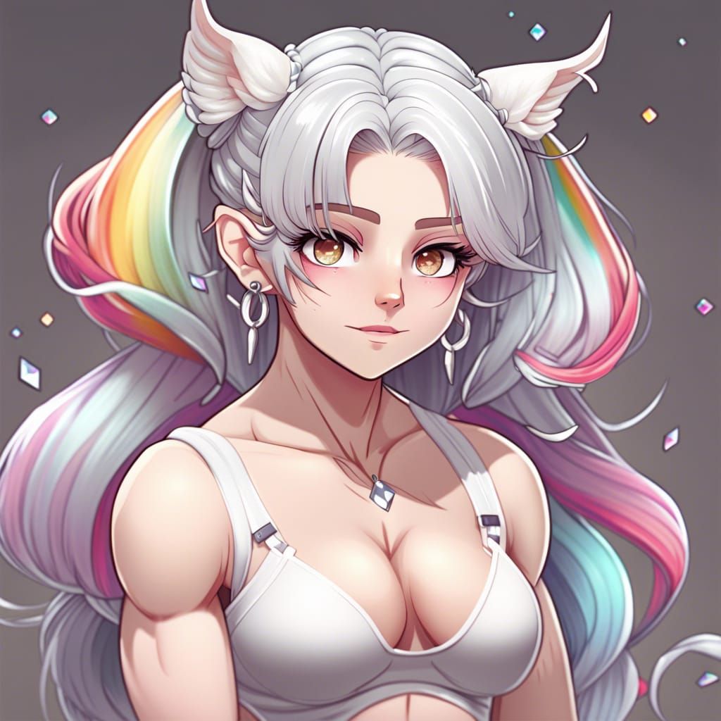 Anime Girl Bodybuilder with Rainbow Hair