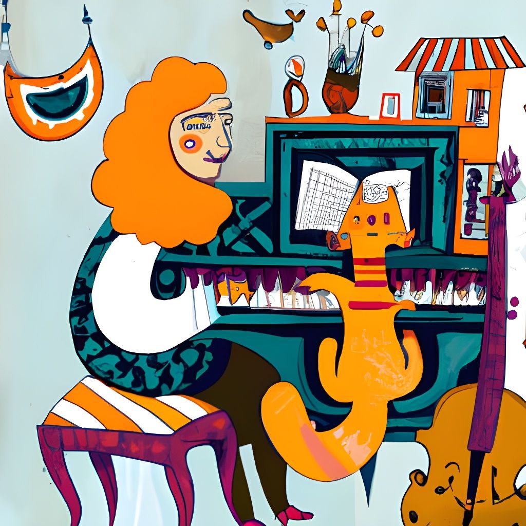 Girl and Cat at Piano in Folk Art Style