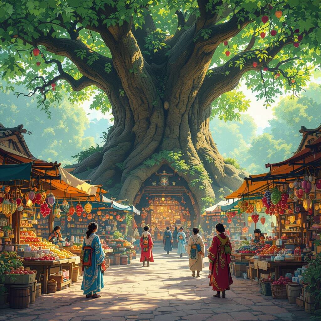 Lively Tree Market: Ghibli-Inspired Fantasy Scene