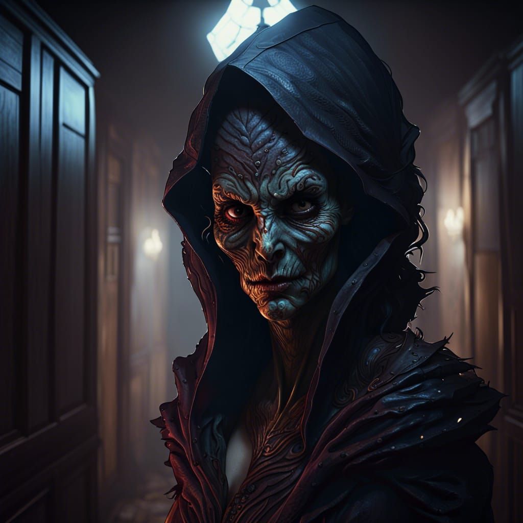 Scary Woman Stares from Hallway: Dark Fantasy Art