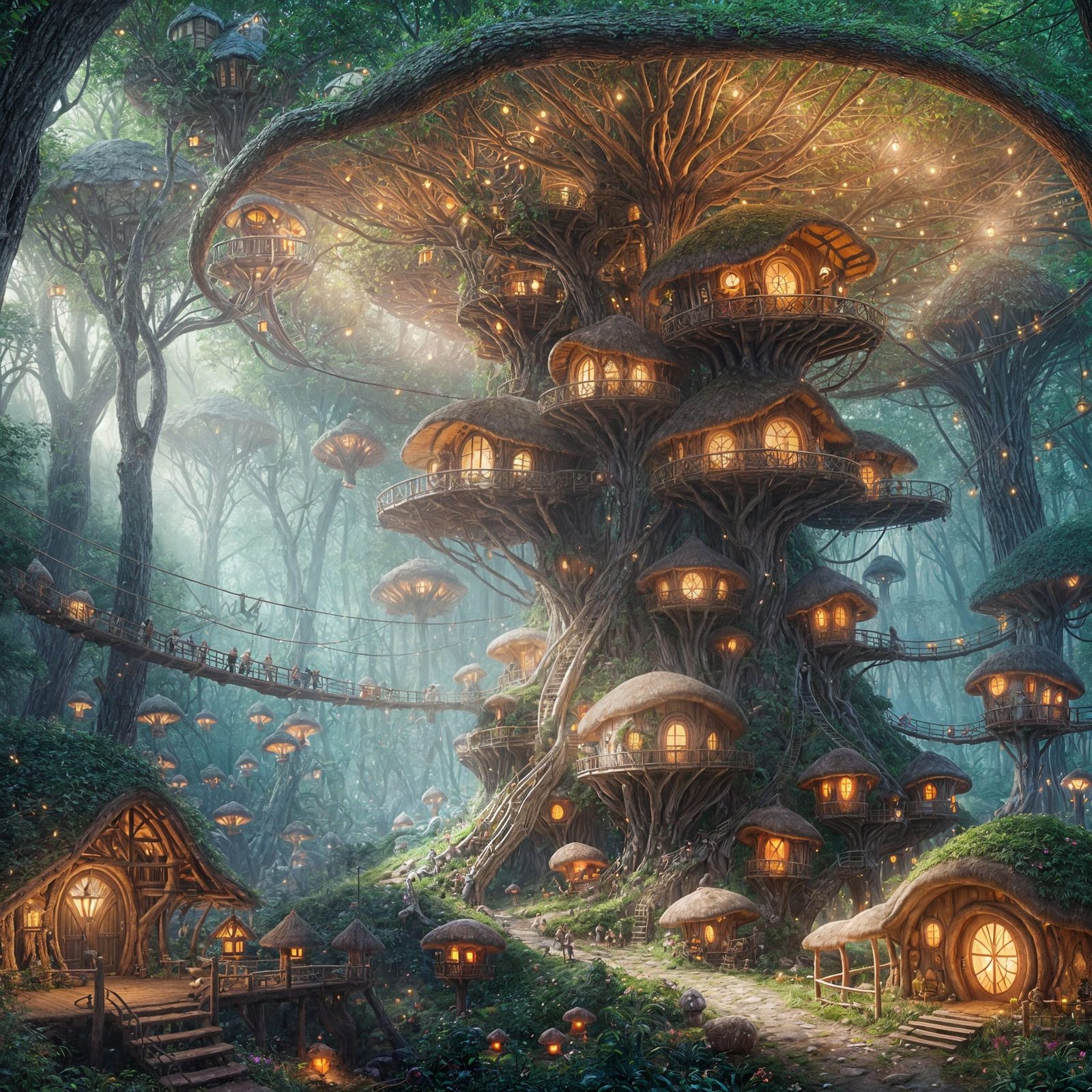 Whimsical Mushroom Village Treehouses in Enchanted Forest