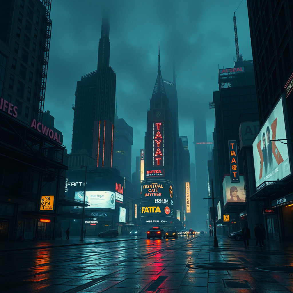Dystopian Metropolis at Dusk in Cyberpunk Style