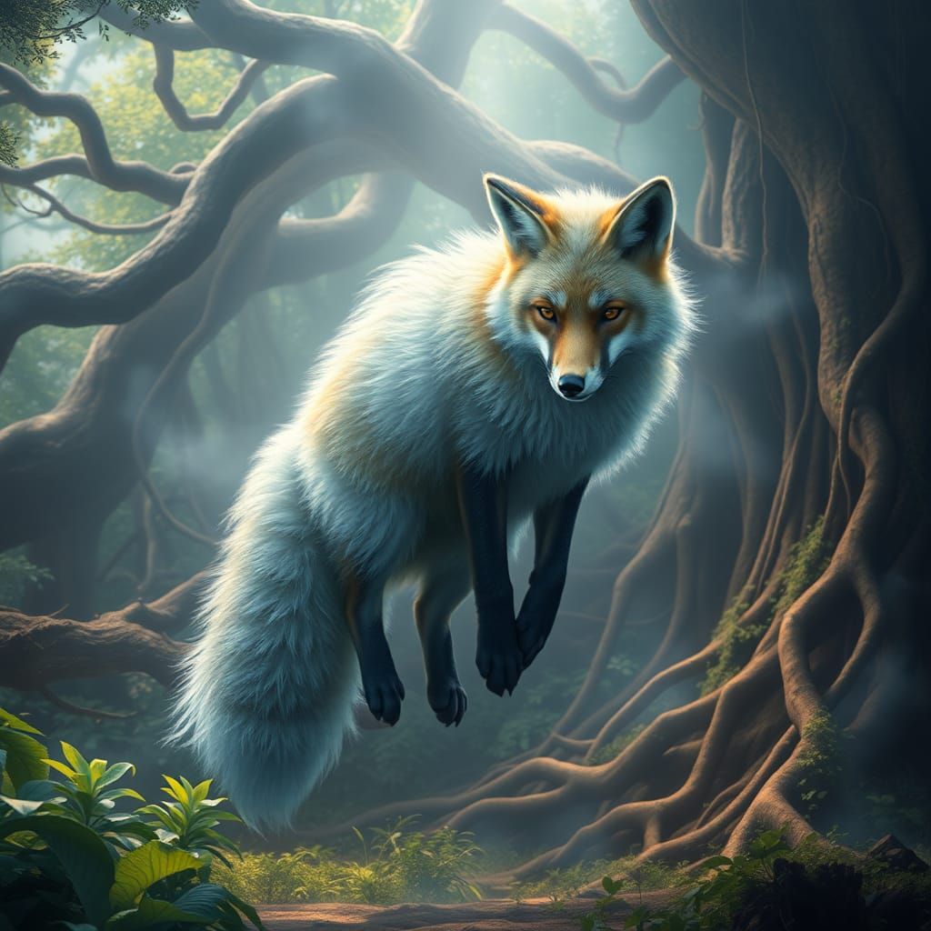 Ethereal Fox Floating in Mystical Forest