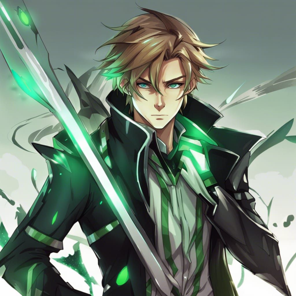 Anime Man with Robot Ears and Fantasy Sword