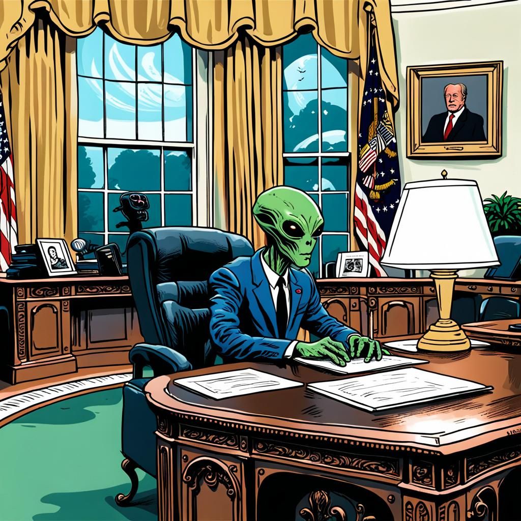 Alien Invasion: The Oval Office in Underground Comix Style