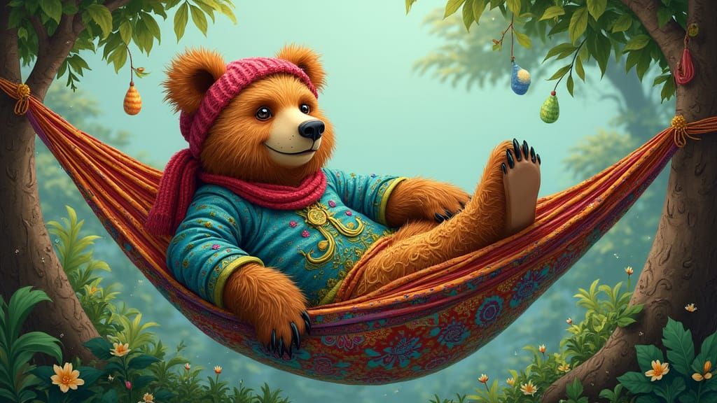 Whimsical Bear Lounging in Hammock: Visionary Art