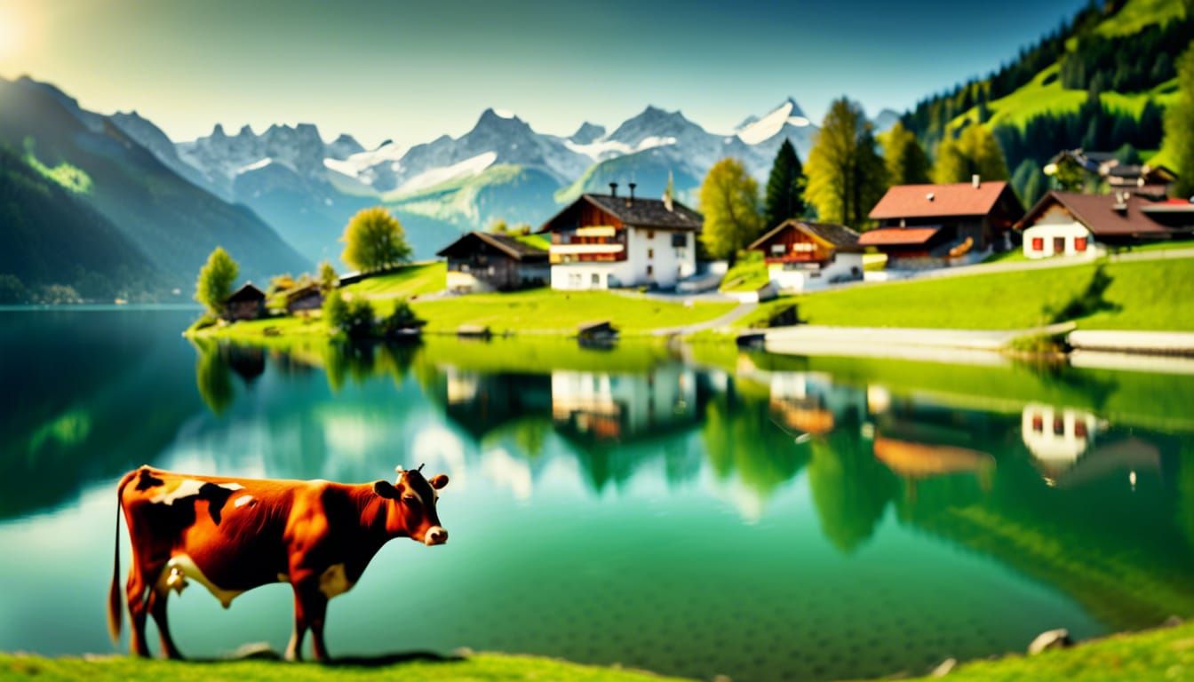 Swiss Village Panorama with Lakeside Cows