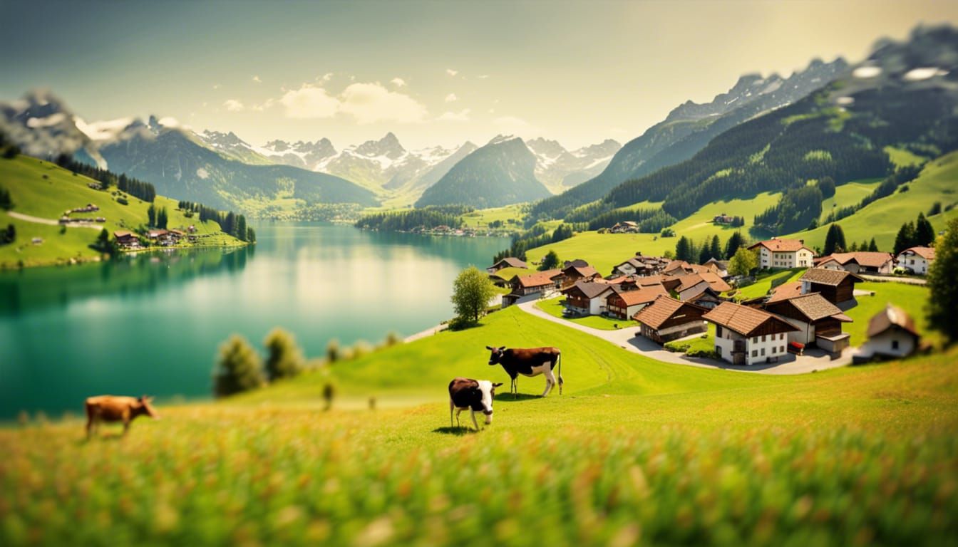 Swiss Village Panorama with Lakeside Cows
