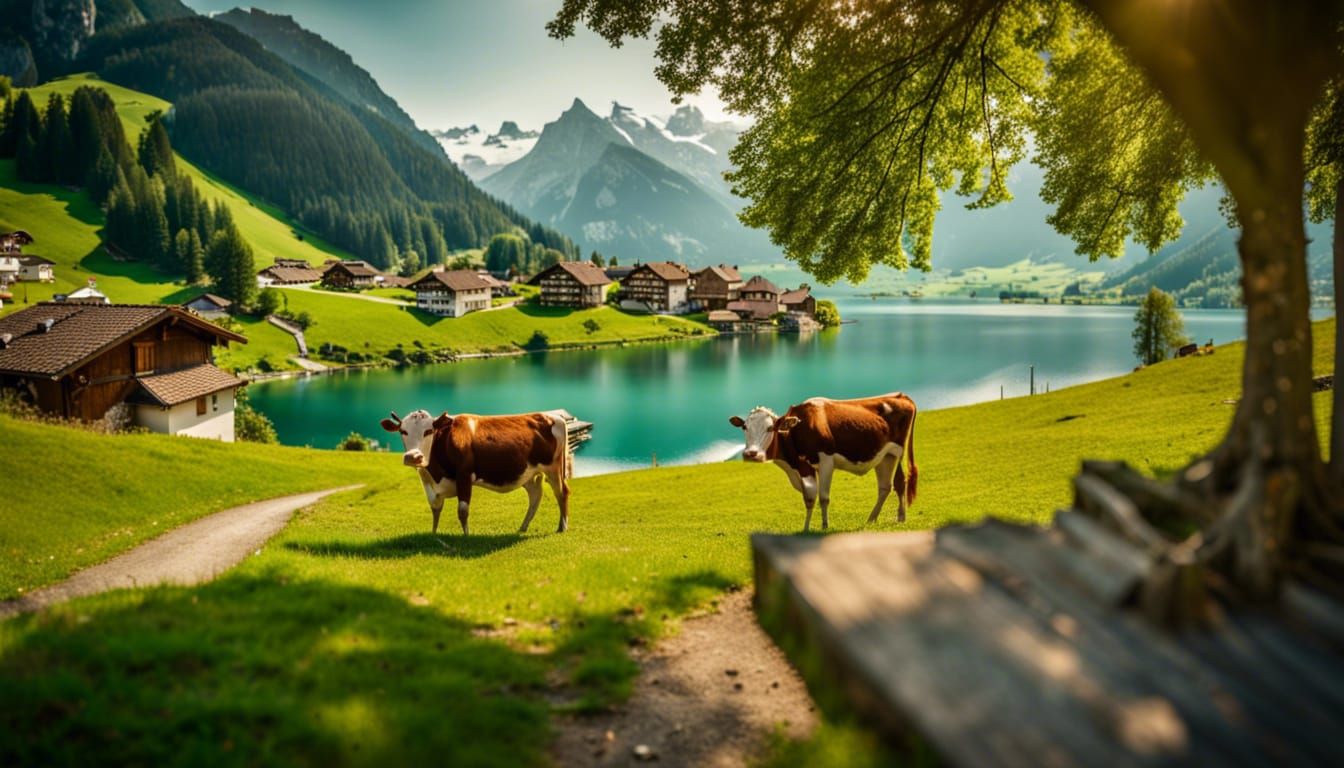 Scenic Swiss Village Overlooking Lake with Cows