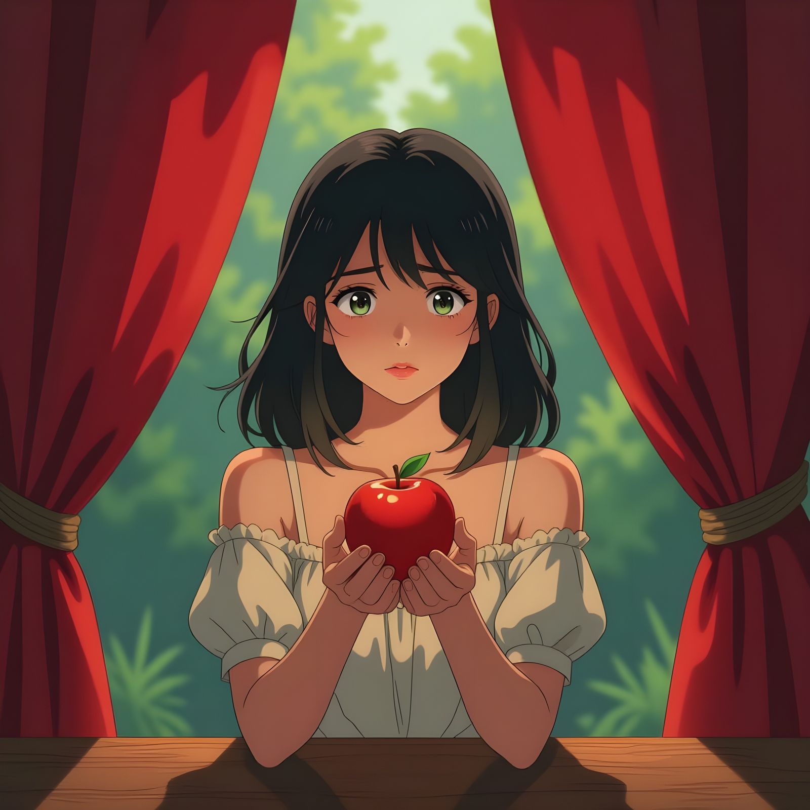 Anime Concept Art: Woman Offers Apple in Muted Tones
