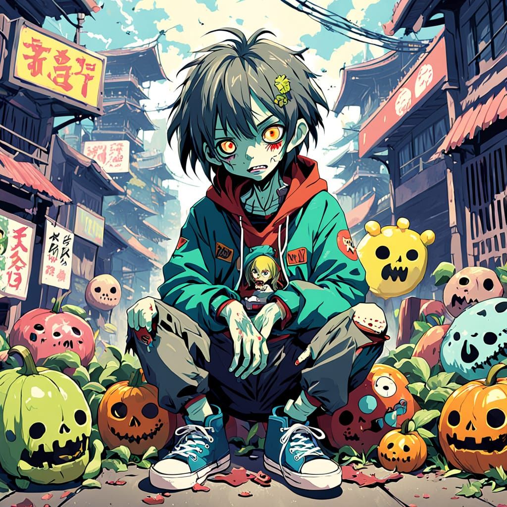 Grotesque Anime Zombie Sits Amidst Whimsical Vegetarian Humo...