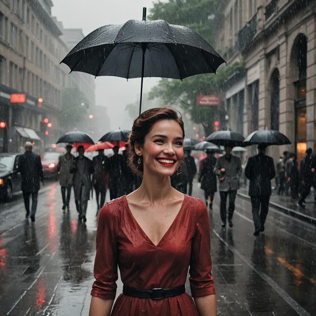 Smiling Woman in Red Dress, Rainy City Scene