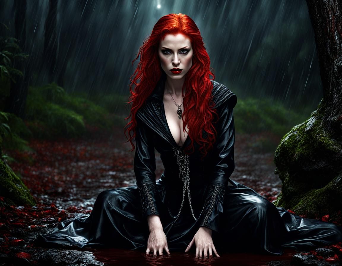 Hyperrealistic Redhead Vampire in Rainy Forest at Night