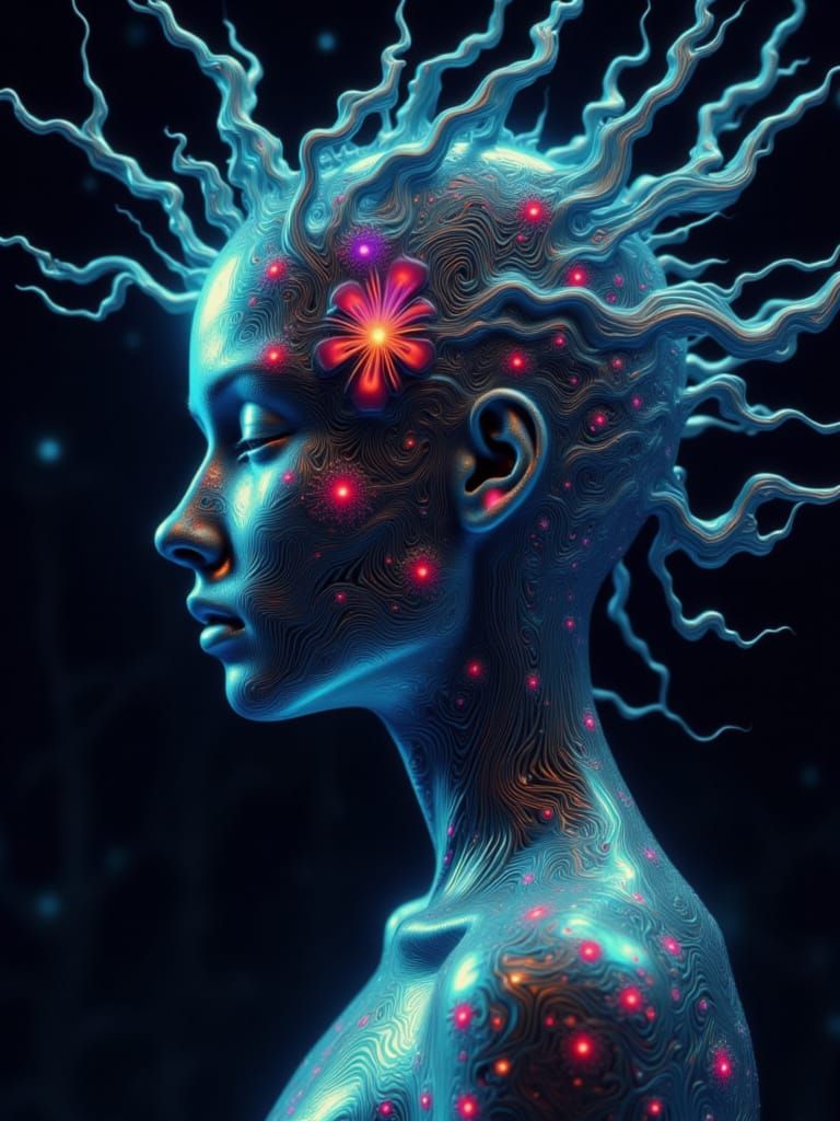 <lora:Synth Mod:1.0> <Syth, bot, Cyber profile nodes><lora:Synth Mod:.7> abstract, dramatic digital illustration HDR met...