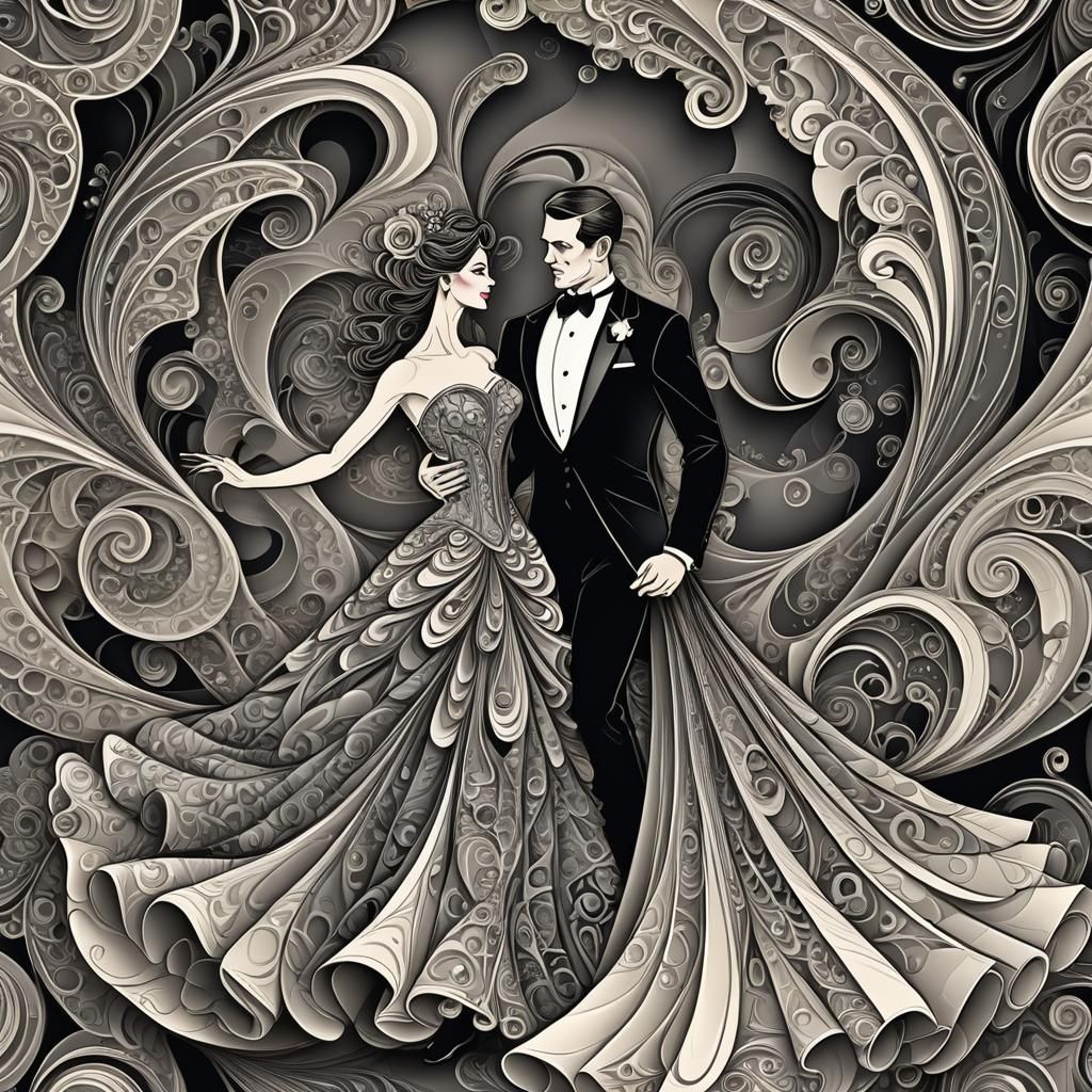 Woman and Man Dancing at Ball with Fractal Elements