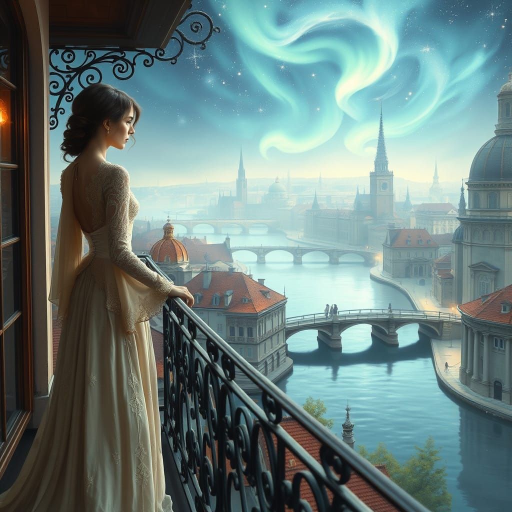 Ethereal 18th Century Cityscape with Wistful Woman