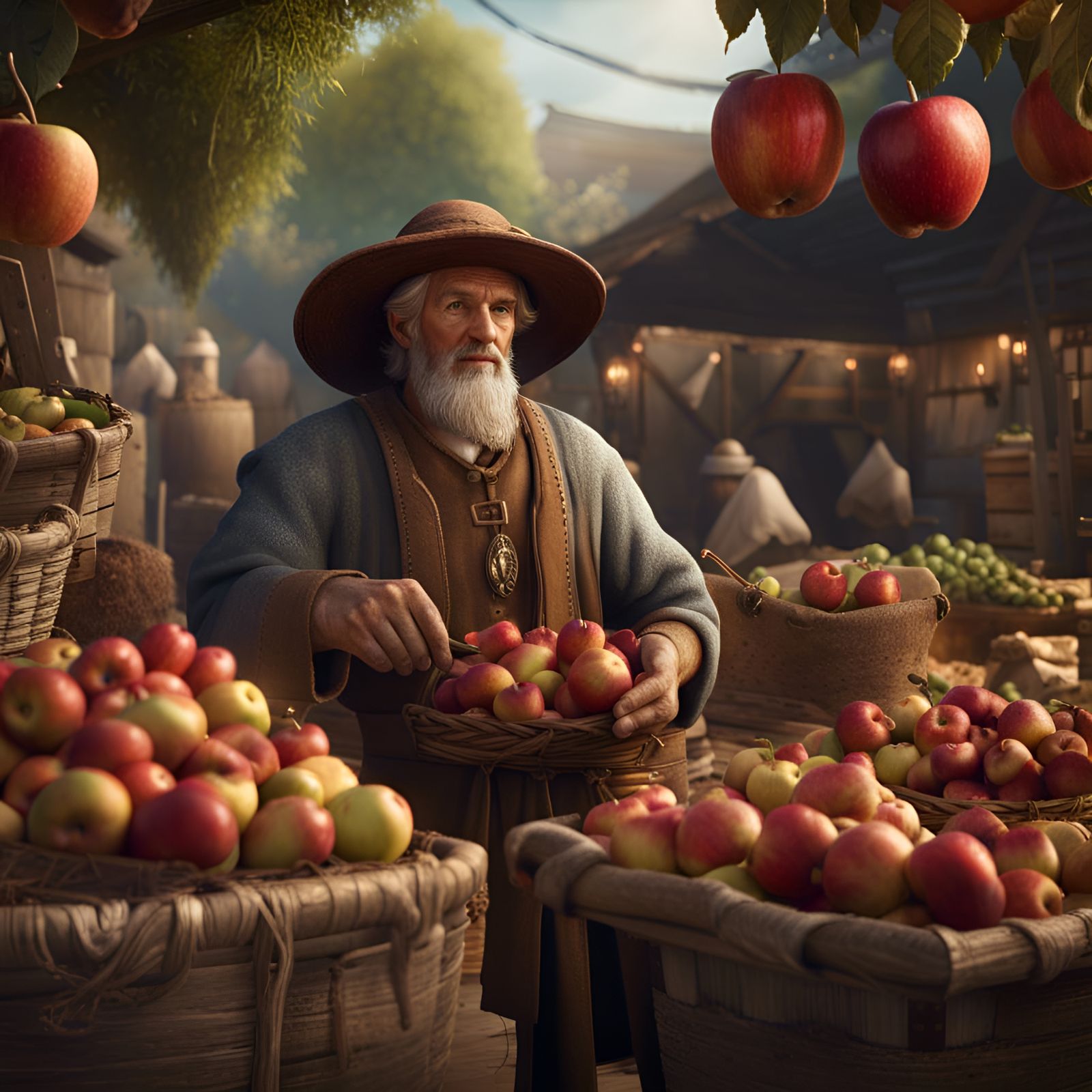 Medieval Farmer Selling Apples in Detailed Matte Painting