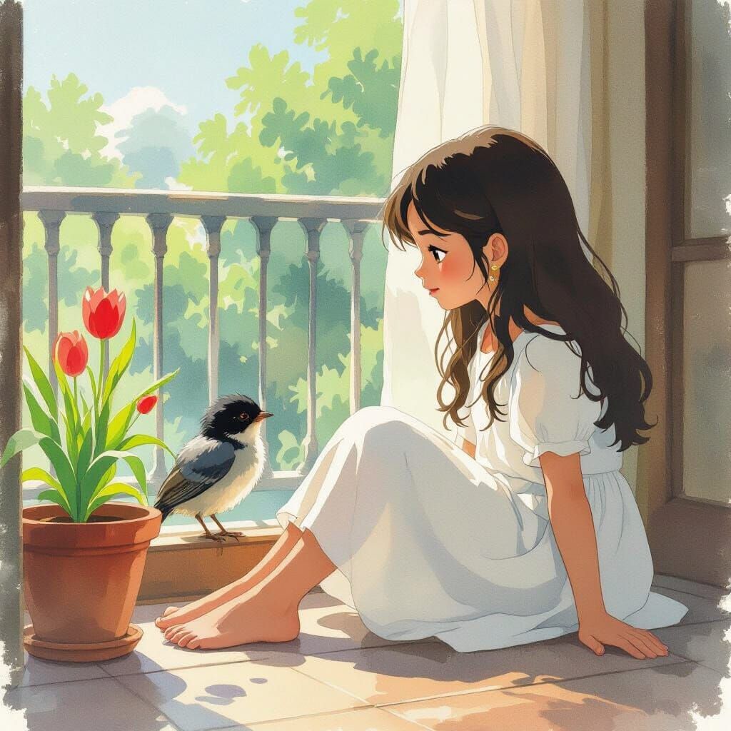 Ghibli Style Indian Girl Watching Bird on Balcony