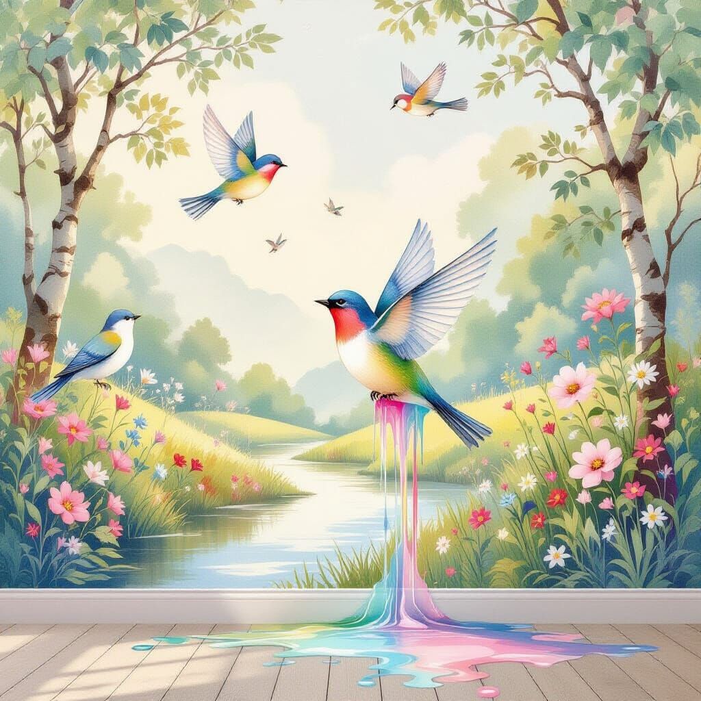 Peaceful Landscape Wall Mural with Birds Emerging to Life
