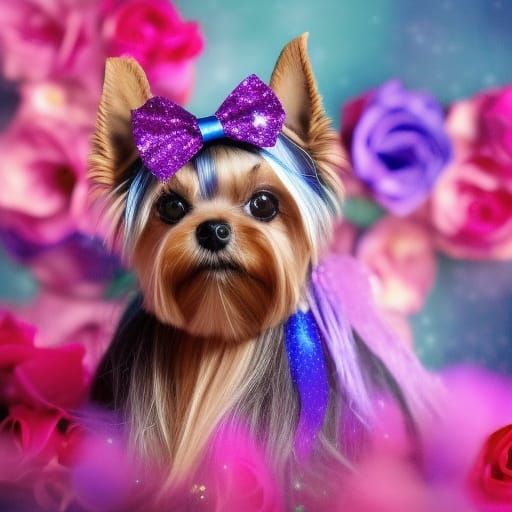 Magical Yorkshire Terrier Portrait with Flowers and Glitter