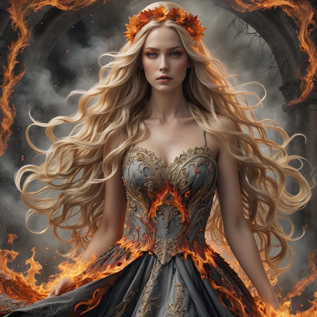Fiery Woman with Ash Gown in 3D Digital Art