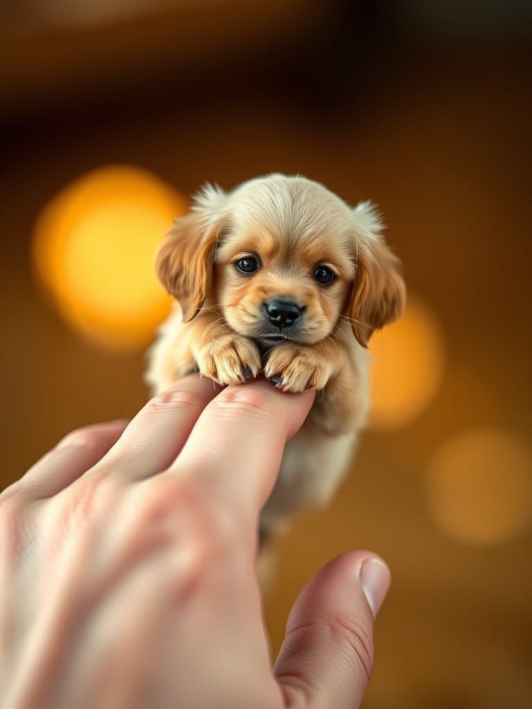 Tiny Golden Retriever Perched on Human Finger in Photorealis...