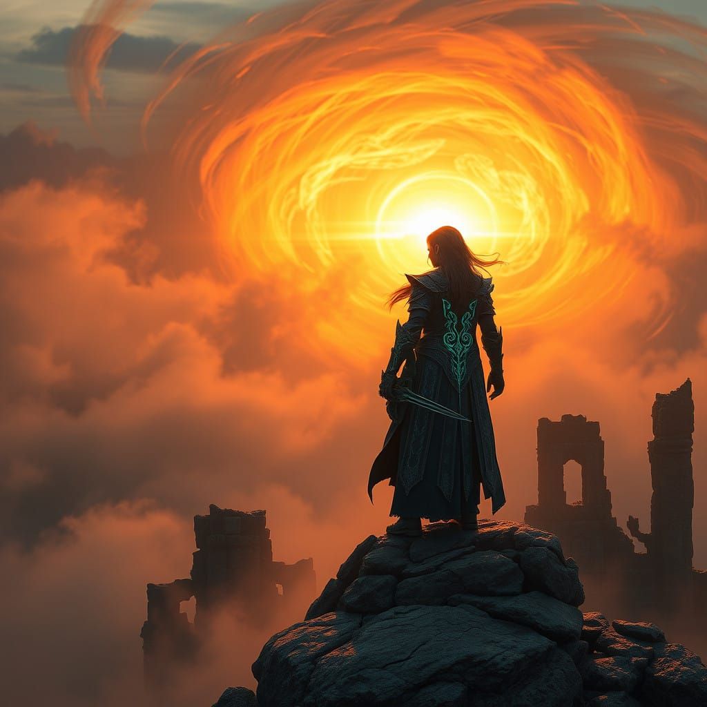 Mystical Warrior Rivkah Amidst Swirling Iridescent Vortex