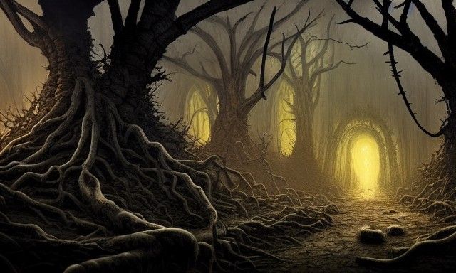 Ominous Thorny Forest at Dusk with Ancient Ruins