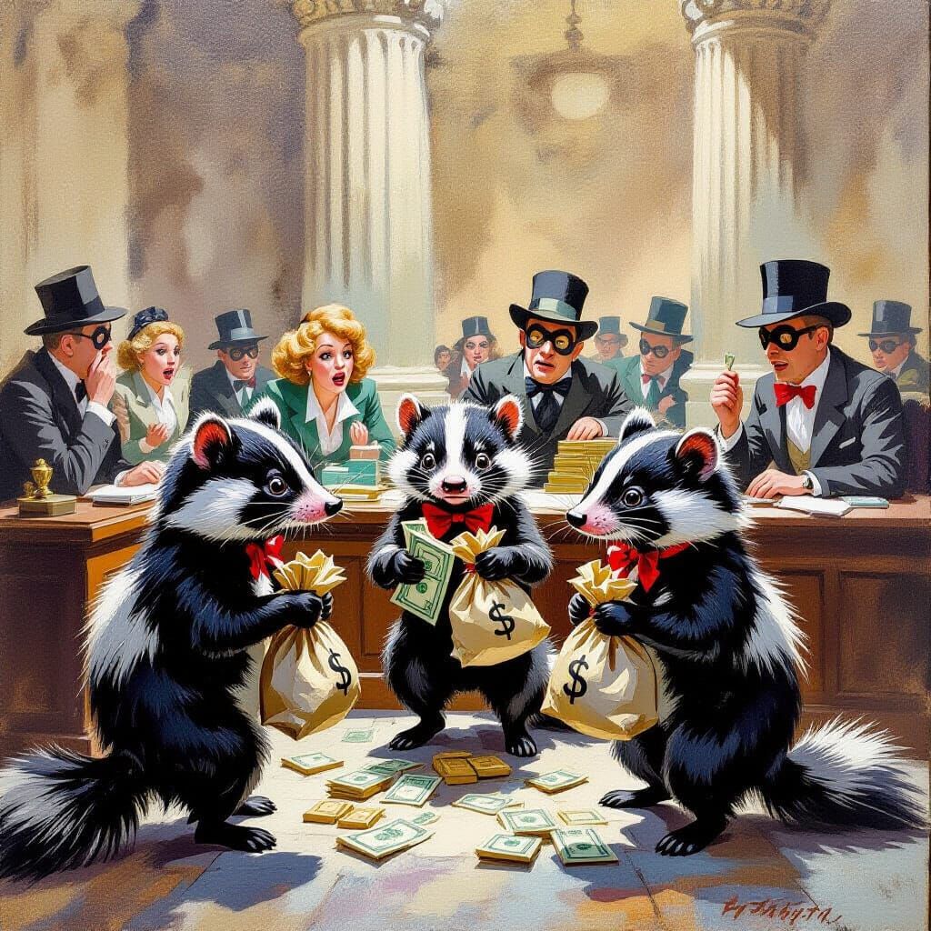 Skunks Robbing a Bank in Gouache Painting Style