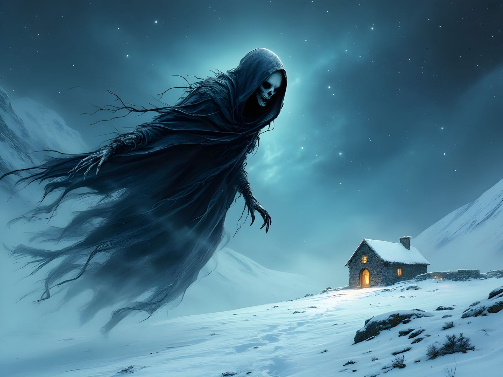 Ethereal Undead Spirit in a Snowy Starry Night Landscape