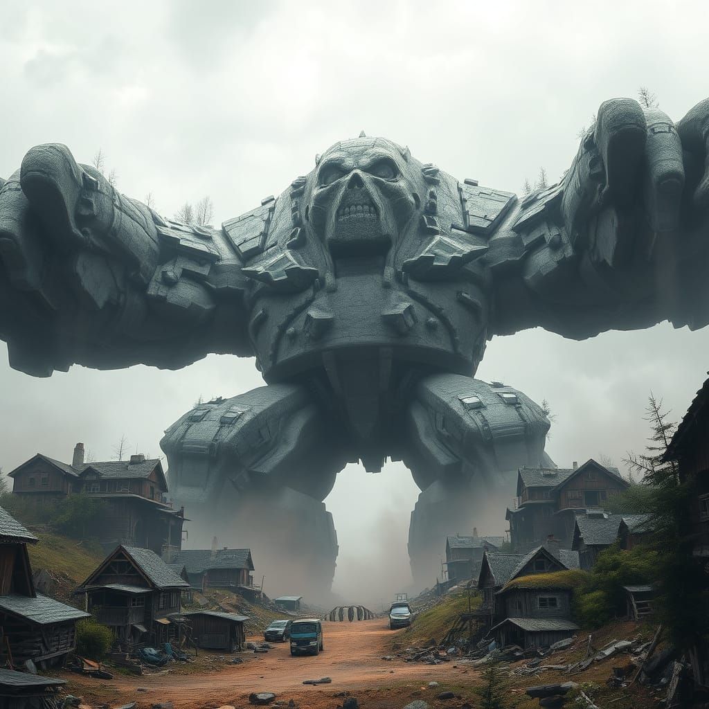 Colossal Stone Titan Rising with Villages