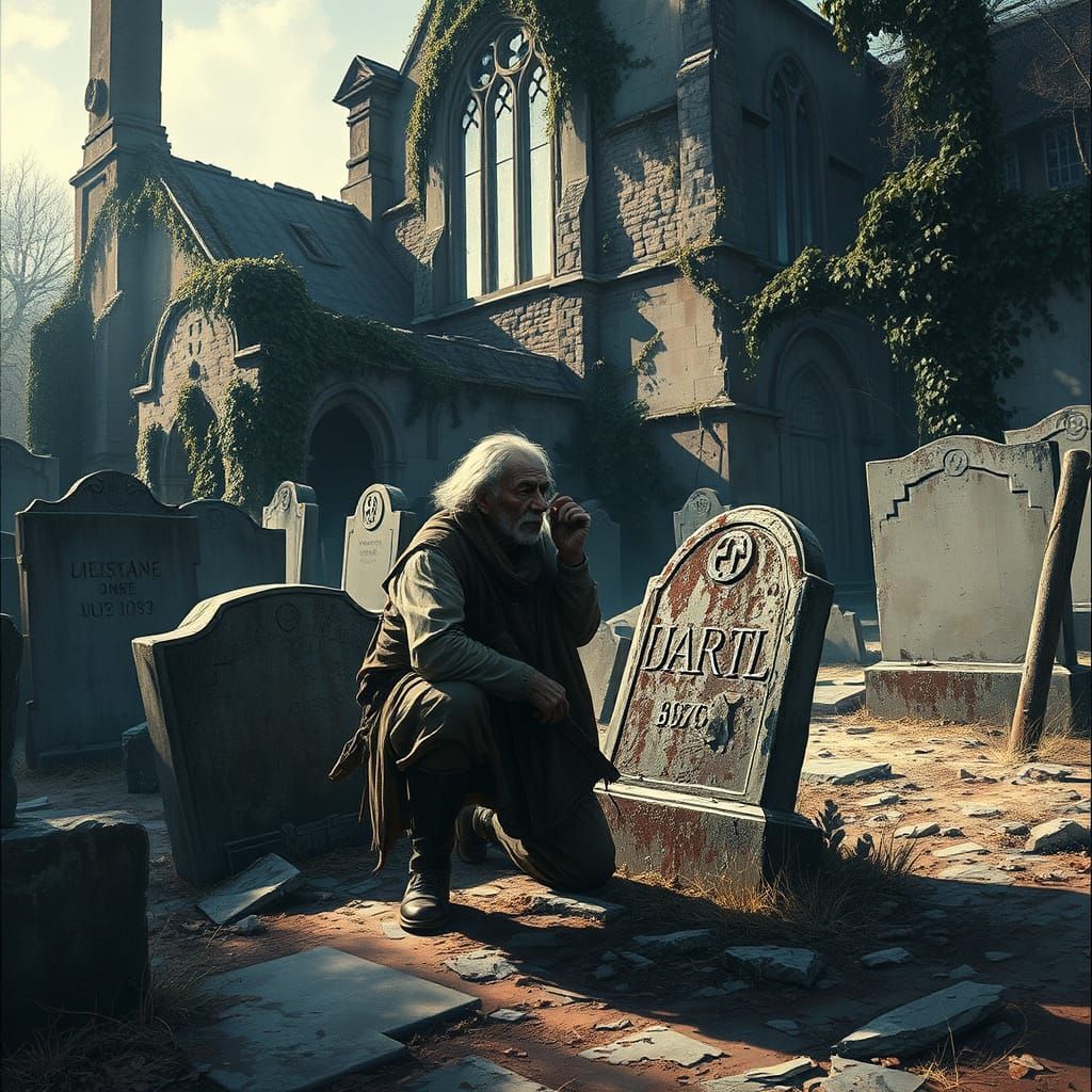 Haunting Cemetery Scene with Old Man in Ruins
