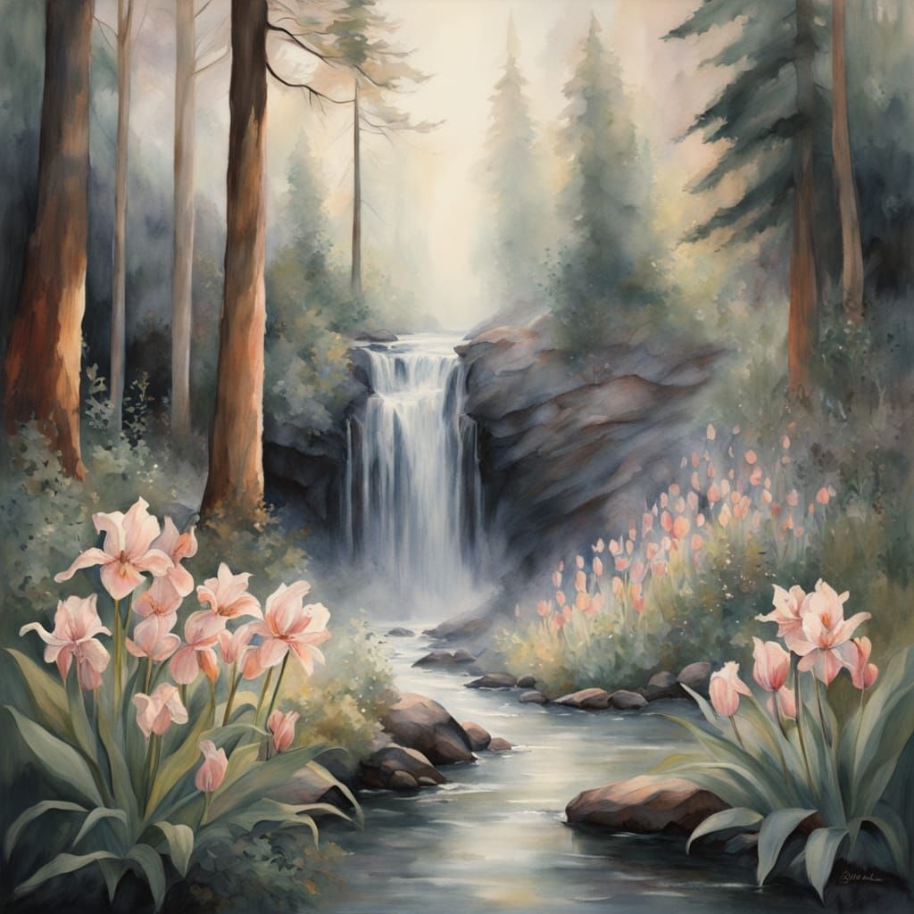 Waterfall Amongst the Sequoias in Dreamy Watercolor