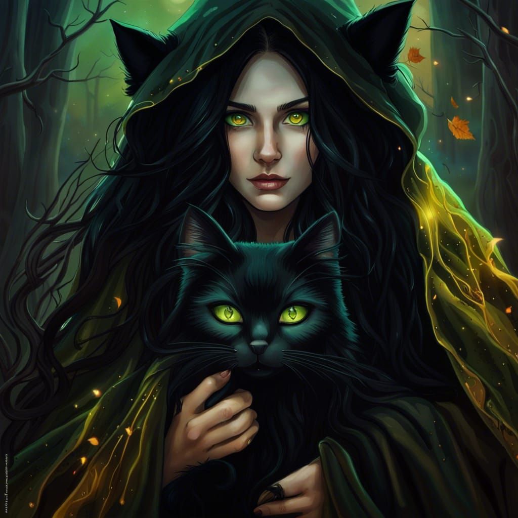 Enchanting Autumn Witch with Black Cat in Forest