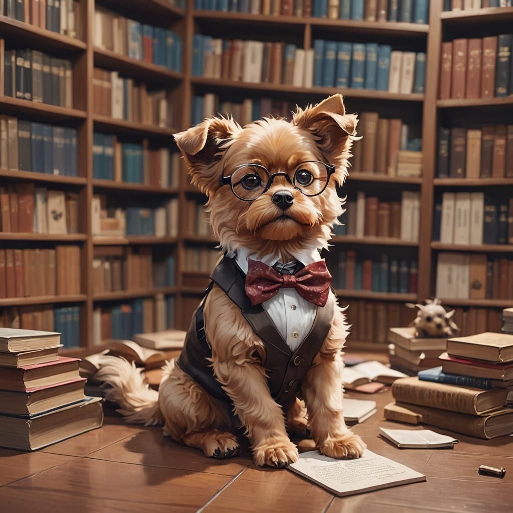 Dog in Library: Cute Anime-Style Portrait