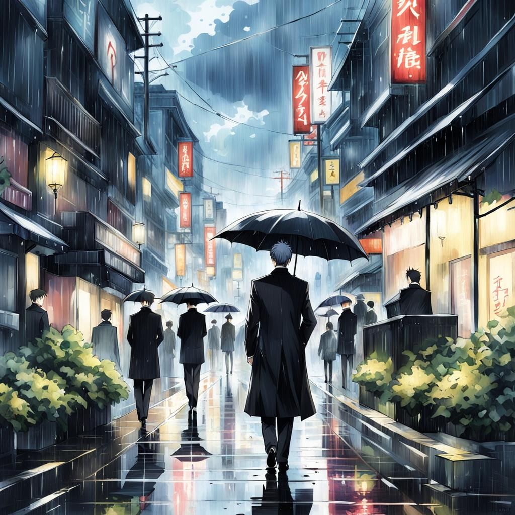 Mysterious Man Watching Funeral in Anime Style