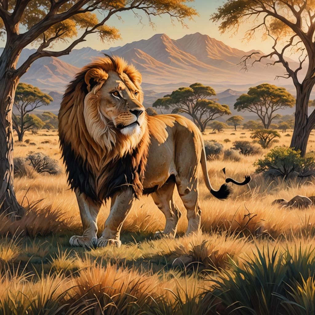 Lion in Savannah: Oil Painting in Bierstadt Style