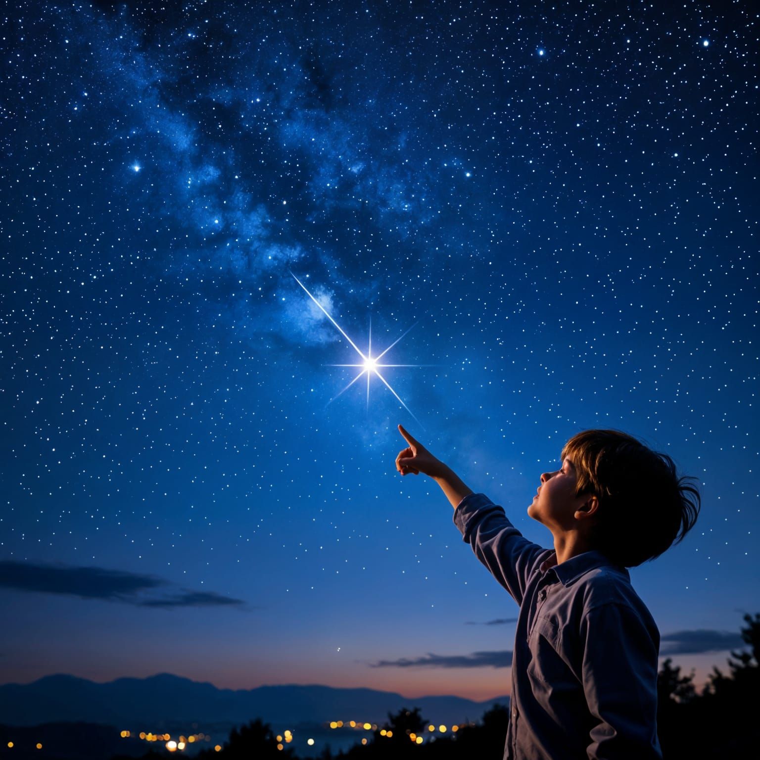 Boy Watching a Shooting Star in Night Sky