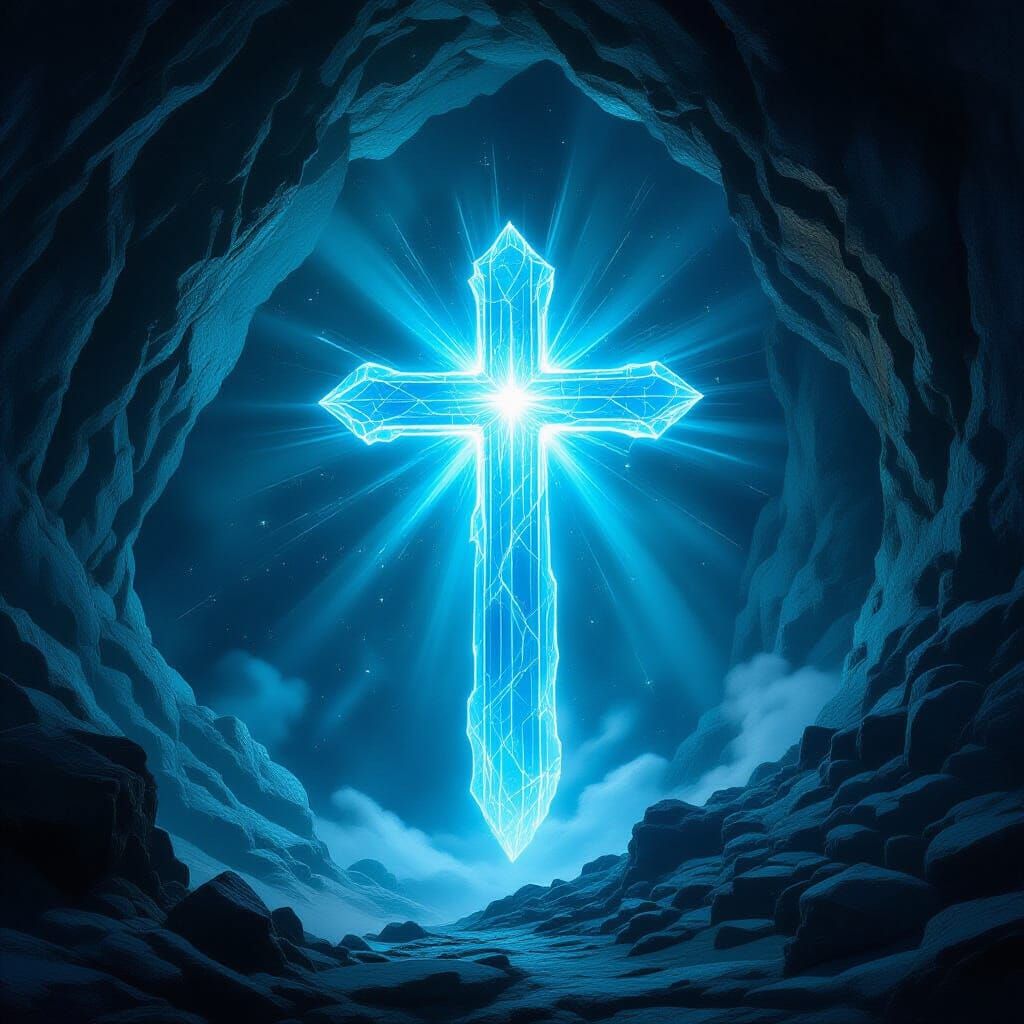 Ethereal Blue Cross Illuminates Deep Earth Strata