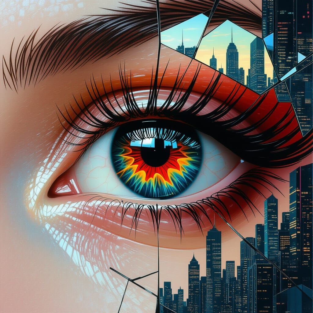 Hyperrealistic Eye Reflecting Shattered Cyberpunk Cityscape