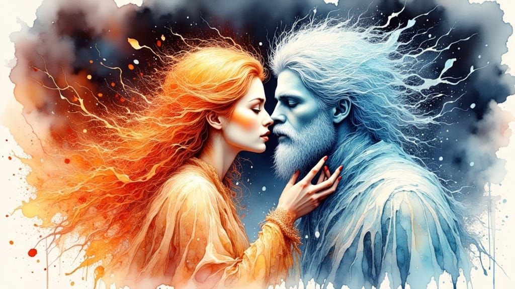 Fiery Woman Kisses Icy Man Tenderly in Watercolour