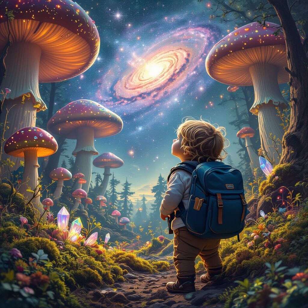 Surreal Forest: Toddler Gazing at Cosmic Wonder