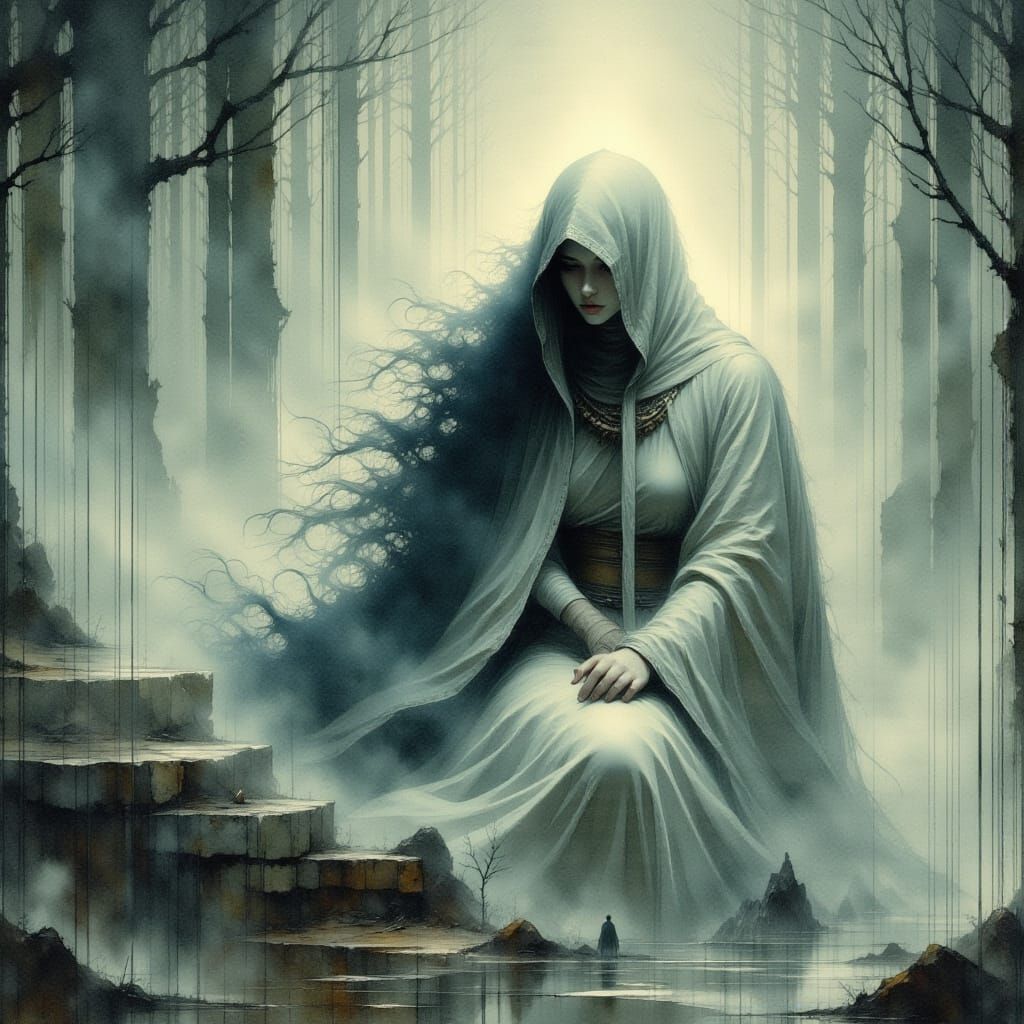 Ethereal Being's Sorrowful Downfall: Surreal Art