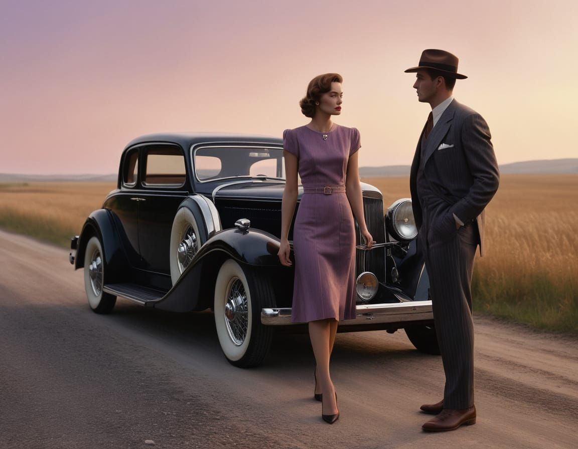 Film Noir Couple Near Classic Car