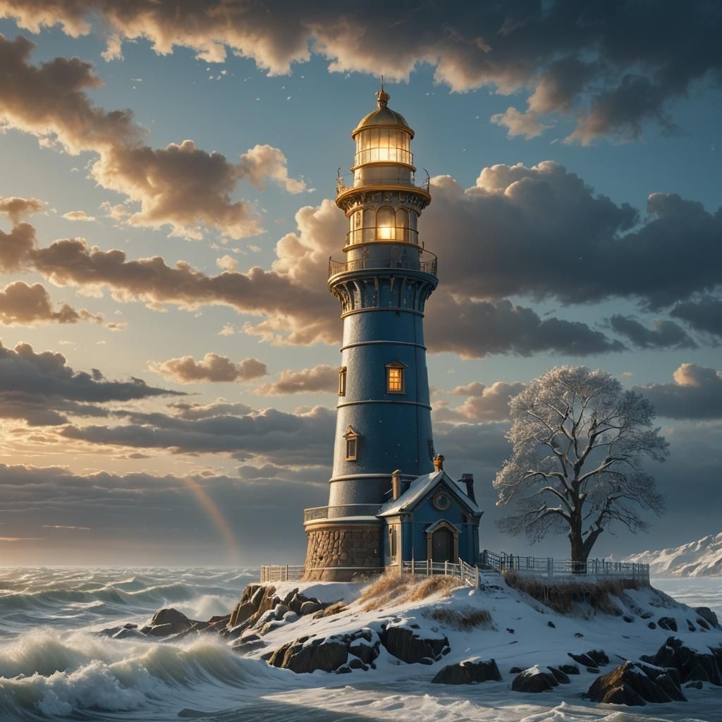 Ornate Lighthouse on Snowy Shore in Klimt Style